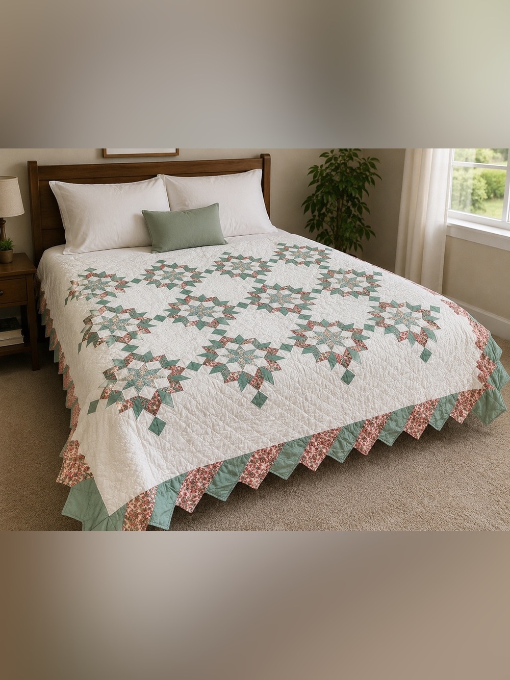 Handmade Vintage Eighth Point Star Patchwork Quilt Multicolor 85”x93” FLAW